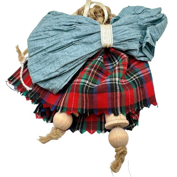 Handmade Plaid Spool Angel Ornament With Blue Wings Beige Bow For Holiday Decor - Picture 3 of 5